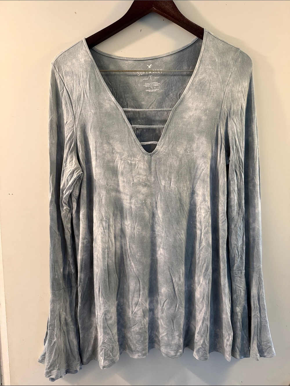 American Eagle Outfitters Womens Light Blue Grey Tie-Dye Long Sleeve Top Sz L